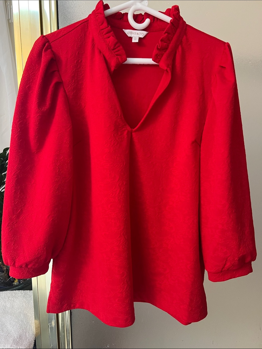 crown & ivy Bright Red Ruffle V-Neck Blouse